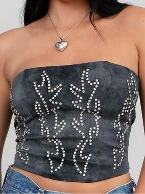 NEW Western Faux Leather Gray Rhinestone Corset Tie Back Top